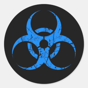Scratched Blue Biohazard Symbol on Black Classic Round Sticker
