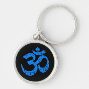 Scratched Blue Yoga Om Symbol on Black Key Ring
