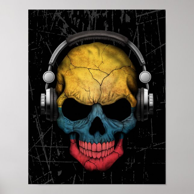 Scratched Colombian Dj Skull with Headphones Poster (Front)