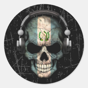 Scratched Guatemalan Dj Skull with Headphones Classic Round Sticker