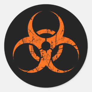 Scratched Orange Biohazard Symbol on Black Classic Round Sticker
