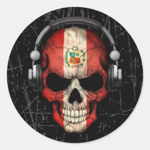 Scratched Peruvian Dj Skull with Headphones Classic Round Sticker
