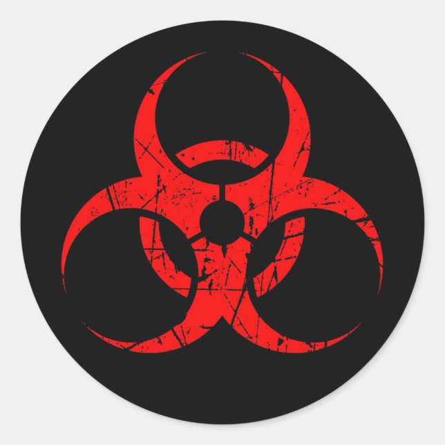 Scratched Red Biohazard Symbol on Black Classic Round Sticker (Front)