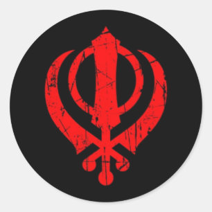Scratched Red Sikh Khanda Symbol on Black Classic Round Sticker
