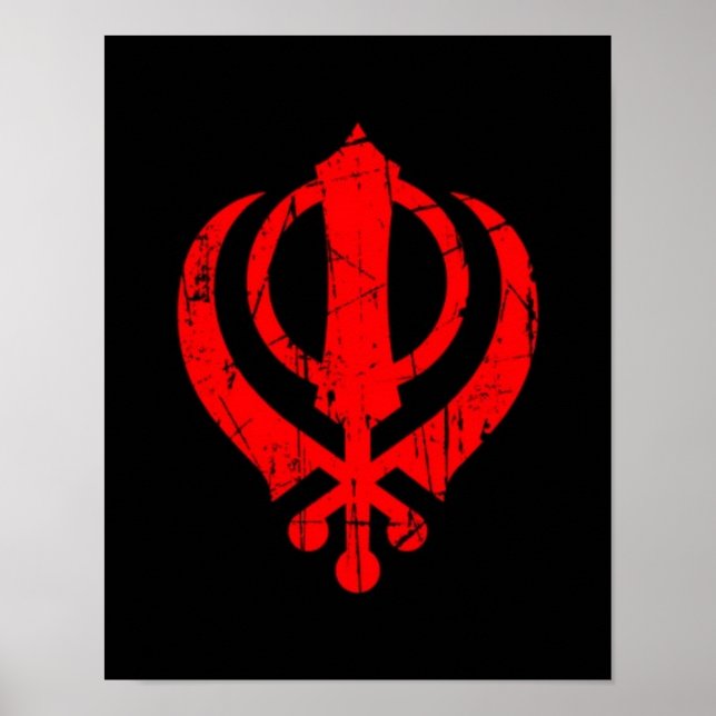 Scratched Red Sikh Khanda Symbol on Black Poster (Front)