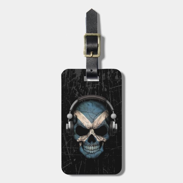 Scratched Scottish Dj Skull with Headphones Luggage Tag (Front Vertical)
