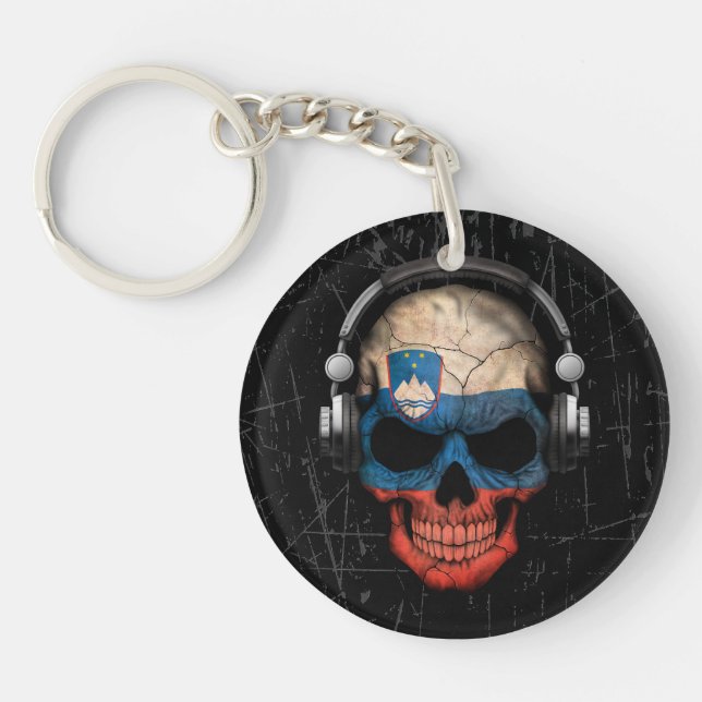 Scratched Slovenian Dj Skull with Headphones Key Ring (Front)