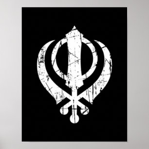 Scratched White Sikh Khanda Symbol on Black Poster