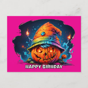 scray jackolantern with birthday hat pyschedelic holiday postcard