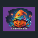 scray jackolantern with birthday hat pyschedelic postcard<br><div class="desc">I thought up having a jack o lantern wearing a birthday hat with psychedelic colours and I liked this one. I put a stroke around the happy birthday text so it would show up better. All the text on the design is able to be edited. generativecontent.</div>