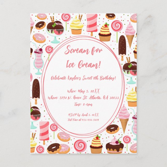 Scream for Ice Cream Girls Sweet Cute Birthday Invitation Postcard (Front)