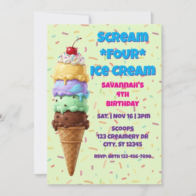 Scream FOUR Ice Cream, 4th Birthday  Invitation (Front)