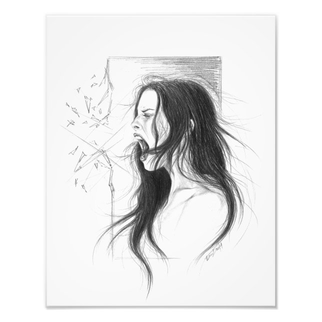 Screaming angry woman pencil drawing art photo print (Front)