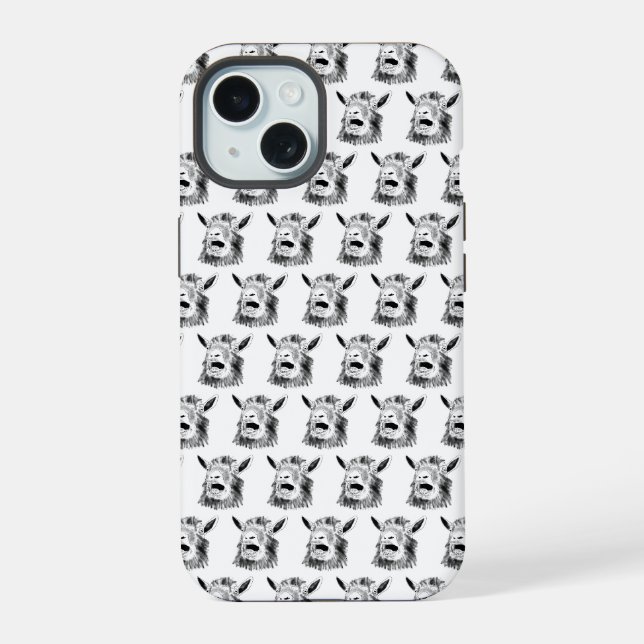 Screaming Goat Pattern Black and White iPhone 15 Case (Back)