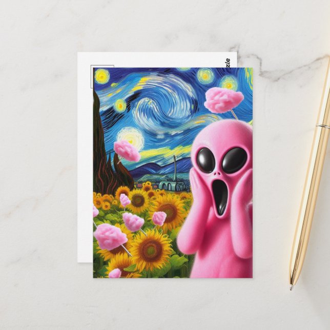 Screaming Pink Alien Fine Art Parody Postcard (Front/Back In Situ)