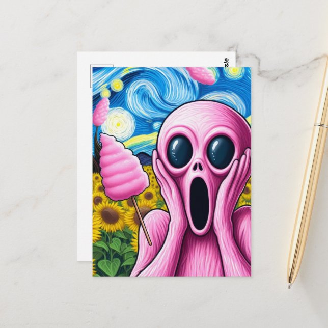 Screaming Pink Alien Sunflower Field Cotton Candy Postcard (Front/Back In Situ)