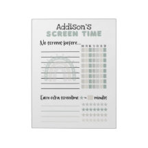 Screen time chart on tear-away notepad, with name