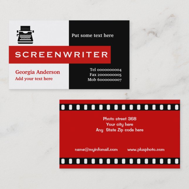Screenwriter black, white, red eye-catching business card (Front/Back)