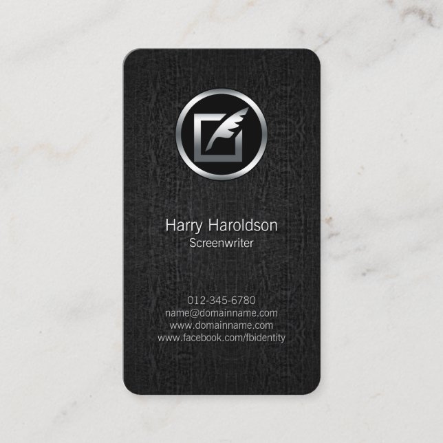 Screenwriter Quill Icon Black Grunge Business Card (Front)