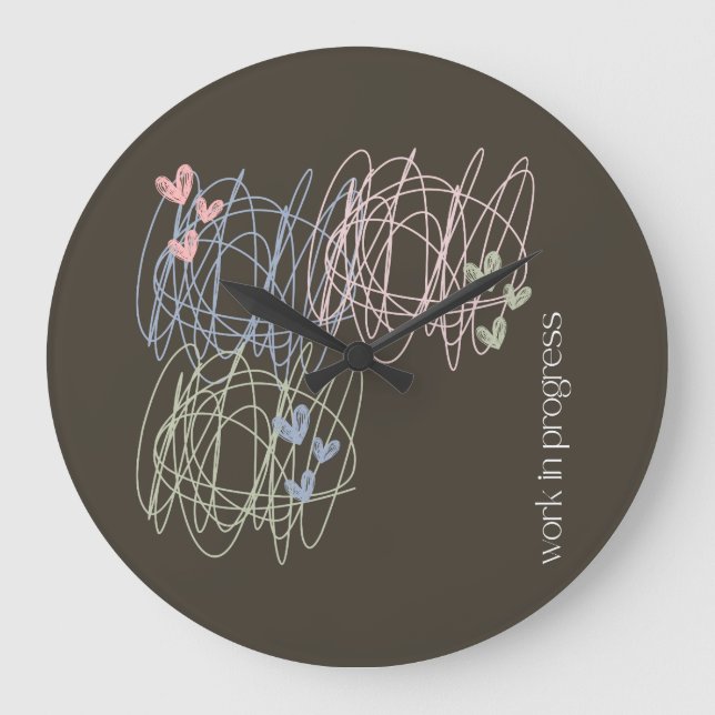 Scribble and hearts- Work in Progress Large Clock (Front)