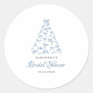 Scribble Blue Bow Christmas Tree Bridal Shower Classic Round Sticker