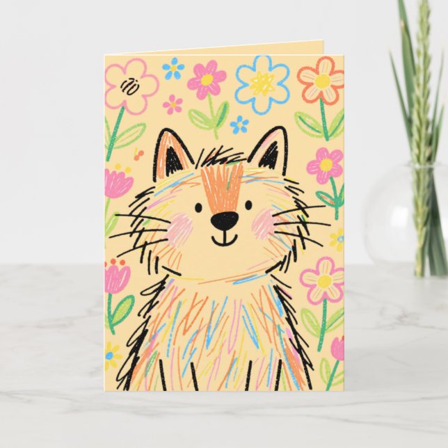 Scribble Cat Greetings Card Soft Warm Cream (Front)