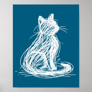 Scribble Cat Minimal Line Art Japanese Poster