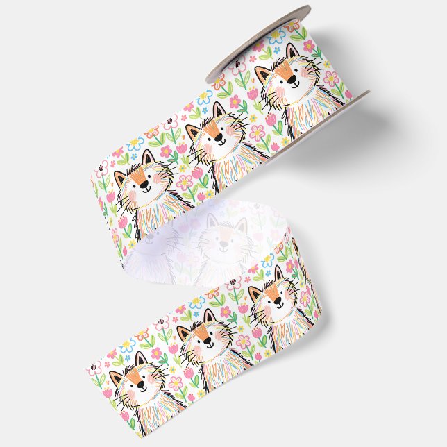 Scribble Cat White Satin Ribbon (Front+Back)