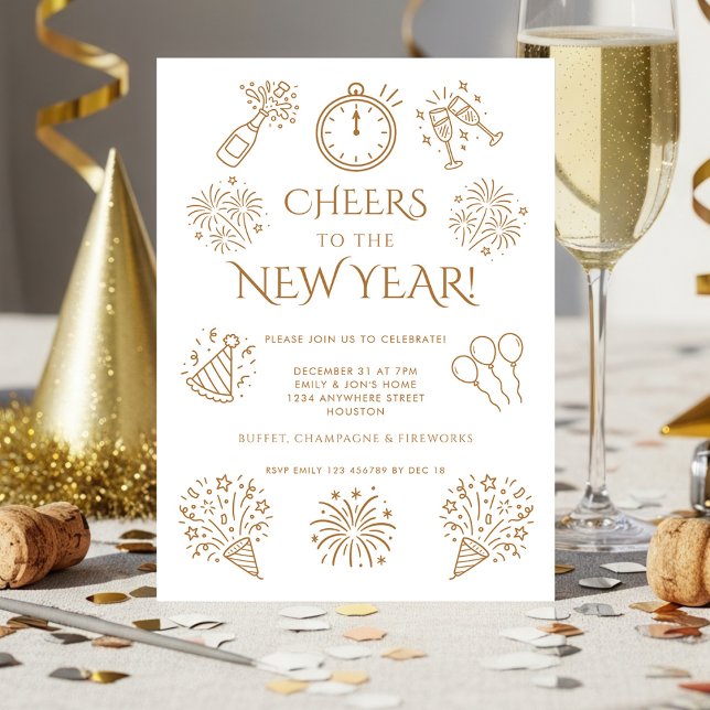 Scribble Doodles Gold Cheers to New Year Party Invitation (Creator Uploaded)