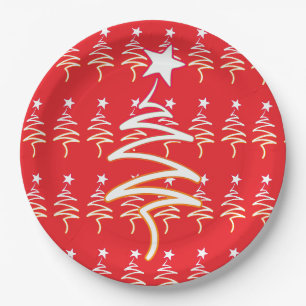 Scribble Tree + Star Christmas Holiday Red Paper Plate