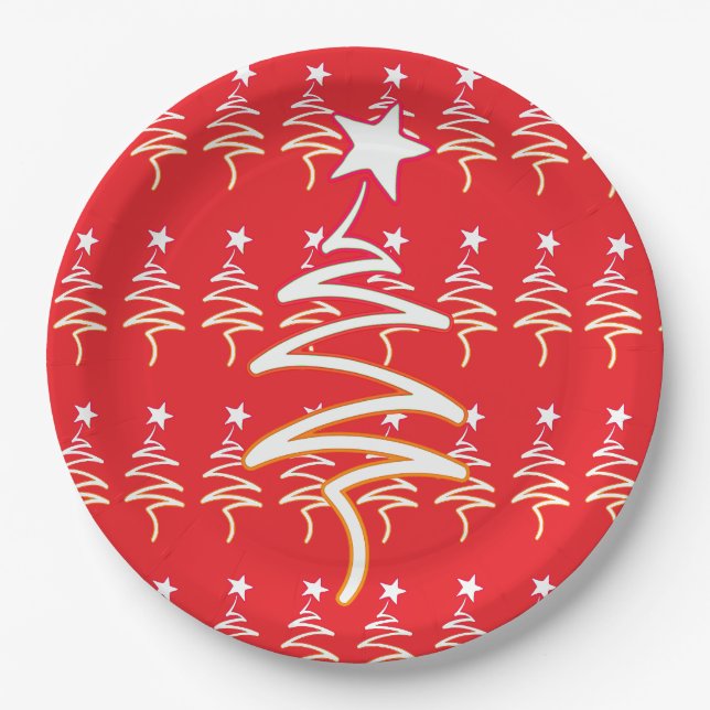 Scribble Tree + Star Christmas Holiday Red  Paper Plate (Front)