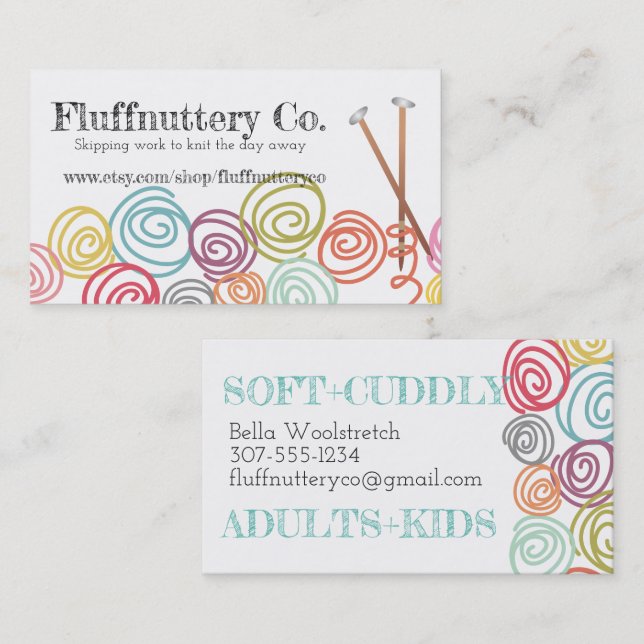 Scribble yarn balls knitting needles business card (Front/Back)