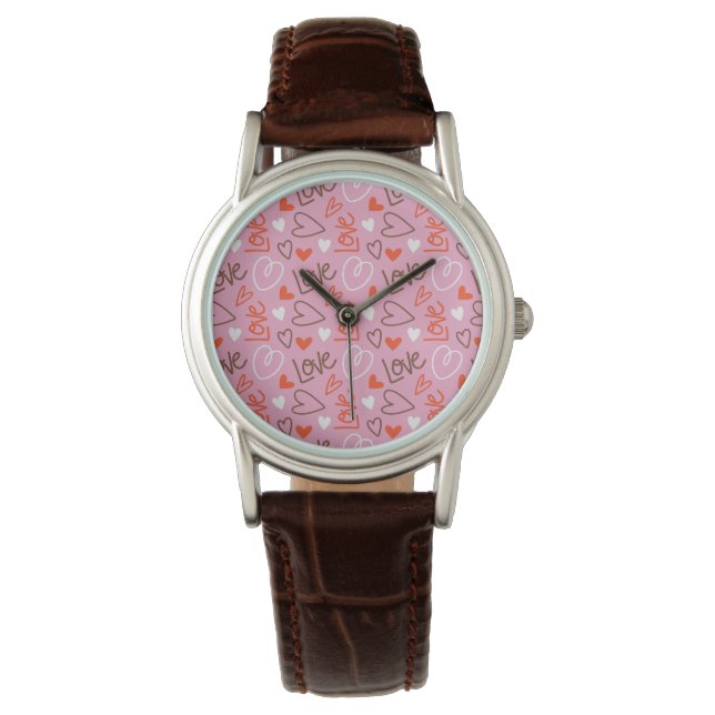 Scribbled Love Hearts Classic Brown Leather Strap  Watch (Front)