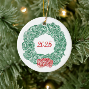 Scribbleprints Wreath - White, on Red Ceramic Tree Decoration