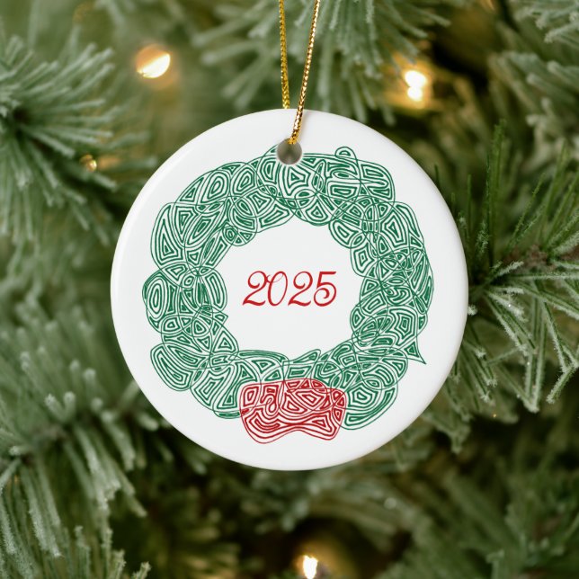 Scribbleprints Wreath - White, on Red Ceramic Tree Decoration (Tree)