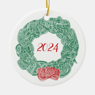 Scribbleprints Wreath - White, on Red Ceramic Tree Decoration
