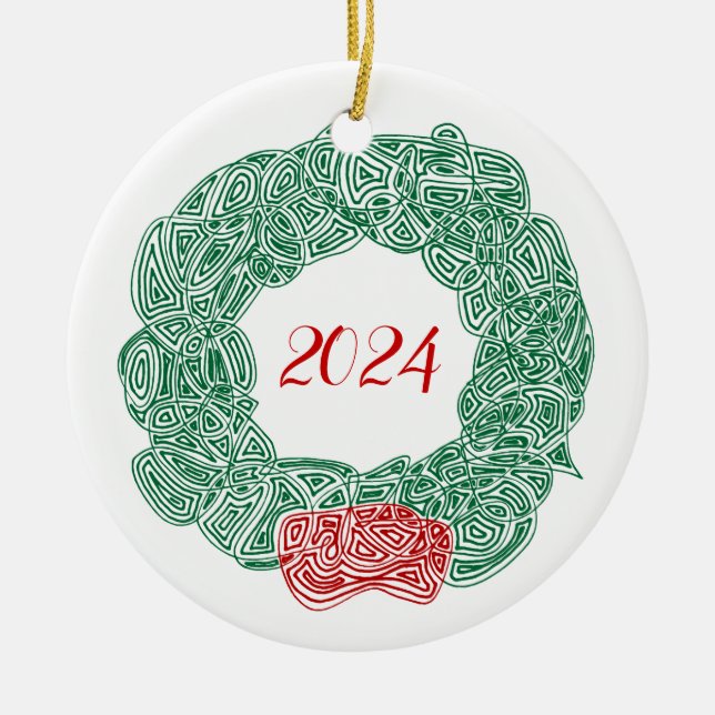Scribbleprints Wreath - White, on Red Ceramic Tree Decoration (Front)