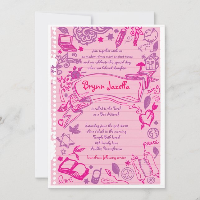 SCRIBBLES on NOTEPAPER Bat Bat Mitzvah Invitation (Front)