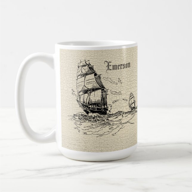 Scrimshaw Design Sailing Ship Coffee Mug (Left)