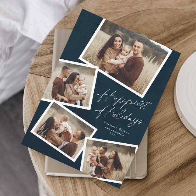 Script 4 Photo Collage Happiest Holidays Magnetic  (Modern Script 4 Photo Collage Happy Holidays Card in navy blue.)