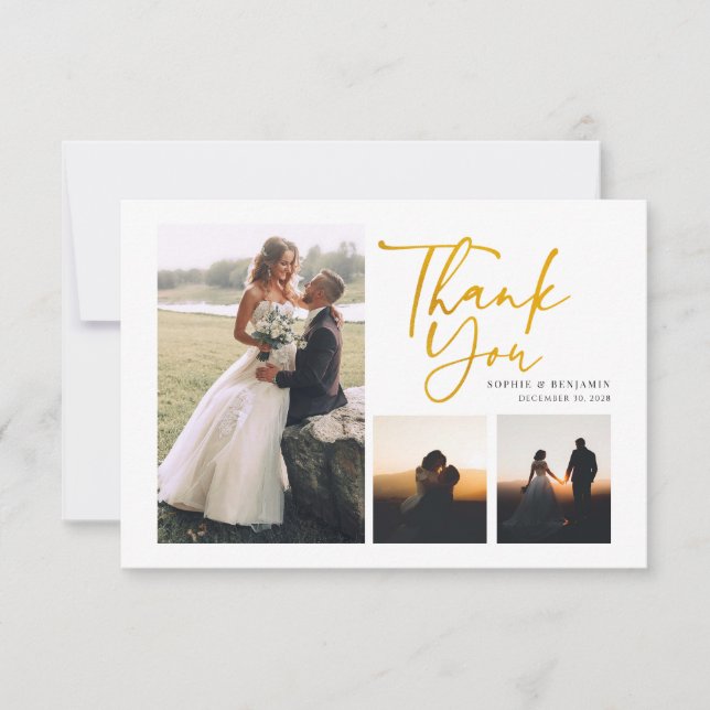  Script 4 Photos Gold Hand-Lettered Wedding Thank You Card (Front)