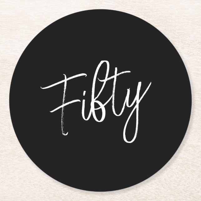 Script 50th Birthday Black Round Paper Coaster (Front)