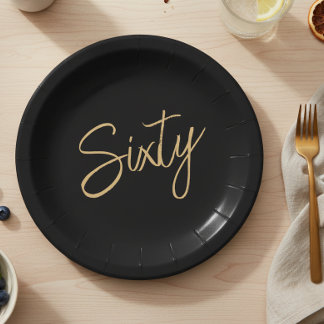 Script 60th Birthday Black Paper Plate