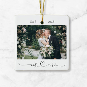 Script and Heart Mr. and Mrs. Married Couple Photo Ceramic Ornament