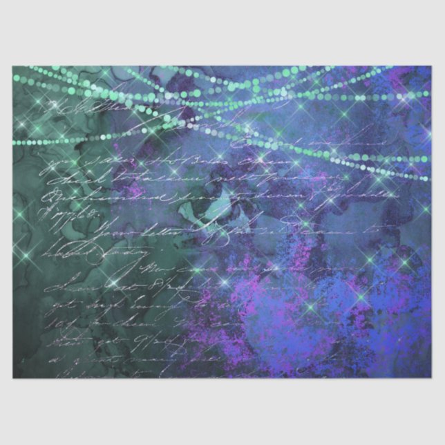 Script and Lights on Purple and Green Decoupage Tissue Paper (Front)