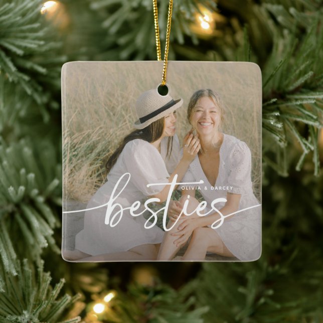 Script Besties 2x Photo Personalized Ceramic Ornament (Tree)