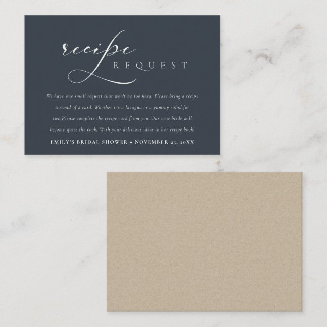 Script Black Navy Recipe Request Bridal Shower Enclosure Card (Front/Back)