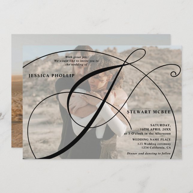 Script black white 2 photo calligraphy wedding invitation (Front/Back)