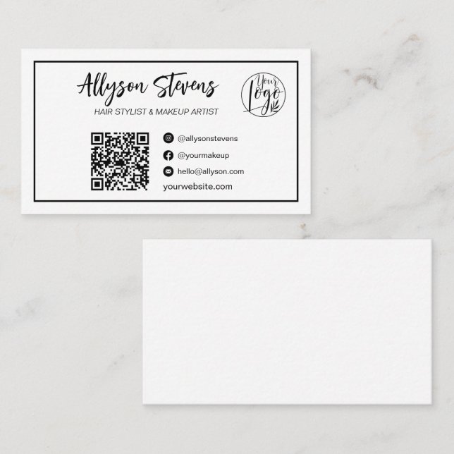 Script black white hair makeup photo logo qr code business card (Front/Back)