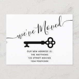 Script black white minimal key moving announcement postcard
